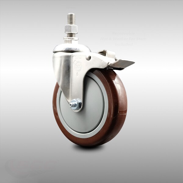 Service Caster 5 Inch 316SS Maroon Polyurethane Swivel 10mm Stem Caster Total Lock Brake SCC-SS316TSTTL20S514-PPUB-MRN-M1015 - main